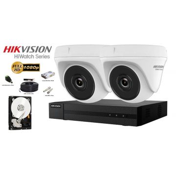 Kit complet supraveghere video Hikvision seria HiWatch, 2 camere FullHD, IR 20M