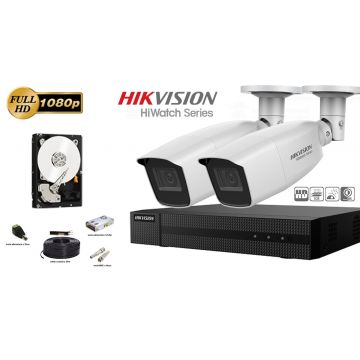 Kit complet supraveghere video Hikvision seria HiWatch, 2 camere FullHD, IR 40M, lentila varifocala