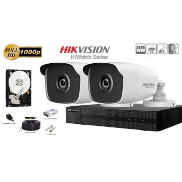 Kit complet supraveghere video Hikvision seria HiWatch, 2 camere FullHD, IR 40M