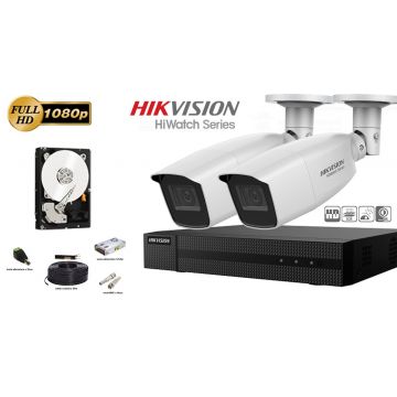 Kit complet supraveghere video Hikvision seria HiWatch, 2 camere FullHD, IR 70M, lentila varifocala