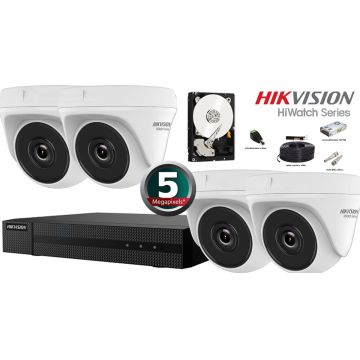 Kit complet supraveghere video Hikvision seria HiWatch, 4 camere 5 Megapixeli, IR 20M, TURRET