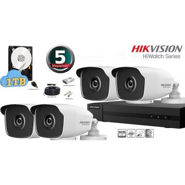 Kit complet supraveghere video Hikvision seria HiWatch, 4 camere 5 Megapixeli, IR 40M