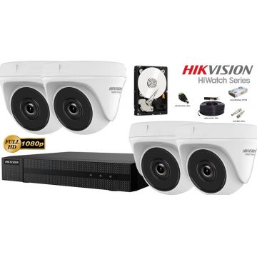 Kit complet supraveghere video Hikvision seria HiWatch, 4 camere FullHD, IR 20M