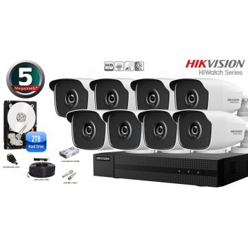 Kit complet supraveghere video Hikvision seria HiWatch, 8 camere 5 Megapixeli, IR 20M, TURRET