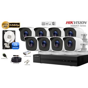 Kit complet supraveghere video Hikvision seria HiWatch, 8 camere FullHD, IR 20M