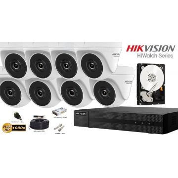 Kit complet supraveghere video Hikvision seria HiWatch, 8 camere FullHD, IR 20M