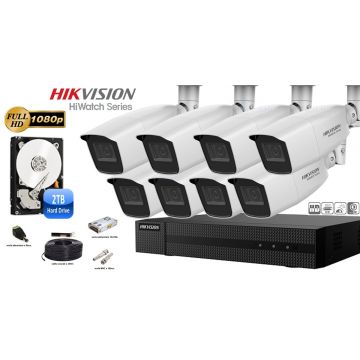 Kit complet supraveghere video Hikvision seria HiWatch, 8 camere FullHD, IR 40M, lentila varifocala