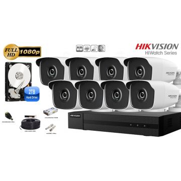 Kit complet supraveghere video Hikvision seria HiWatch, 8 camere FullHD, IR 40M