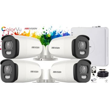 Produsul ZILEI ! Kit complet supraveghere video Hikvision 4 camere ColorVU 5MP IR 40m    