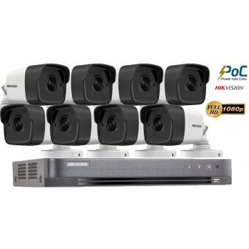 Sistem supraveghere Hikvision 8 camere de exterior PoC Ultra Low-Light, 2MP FullHD, IR 20M