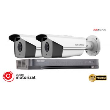 Sistem supraveghere video Hikvision 2 camere de exterior Turbo HD, Ultra Low-Light 2MP, lentila varifocala 2.8 - 12 mm, zoom motorizat, POC, IR 40m