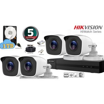 Kit complet supraveghere video Hikvision seria HiWatch, 4 camere 5 Megapixeli, IR 20M