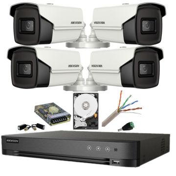 Kit supraveghere 8MP (4k) Hikvision 4 camere IR 80m Lentilă 3.6mm DVR AcuSense 4 canale Smart Playback HDD 2 TB Accesorii