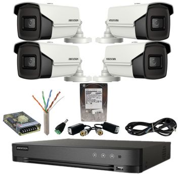 Sistem supraveghere Hikvision 4 camere 4in1 8 Megapixeli IR 80m Lentilă 3.6mm DVR Acusense 8 MP Hard Disk 1 TB, Accesorii