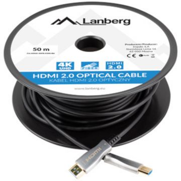 Cablu video Lanberg HDMI Male - HDMI Male, v2.0, 50m, negru-argintiu