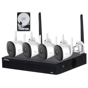 Sistem supraveghere IP WiFi exterior Imou KIT/NVR1104HS-W-S2/4-F22, 4 camere, 2 MP, IR 30 m, microfon, + HDD 1 TB (Alb)