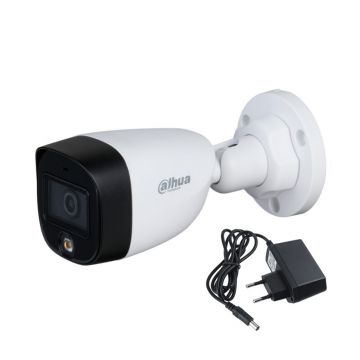 Camera supraveghere exterior Dahua Full Color HAC-HFW1209CP-LED, 2 MP, lumina alba 20 m, 2.8 mm + alimentator cadou