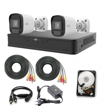 Sistem de supraveghere Uniview cu 2 camere 5MP, Audio, Infrarosu 20m, DVR Hibrid cu 4 canale 5MP, HDD, accesorii