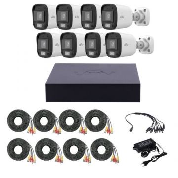 Sistem supraveghere Uniview 8 camere analog ColorHunter 2MP lumina alba 20m, XVR 8 canale 2MP, accesorii