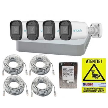 Kit supraveghere IP 4 camere Uniarch 4MP IR 30m Lentila 2.8mm PoE Microfon IP67, NVR 4 Canale PoE  4K 8MP, accesorii, HDD + CADOU Autocolant Rovision