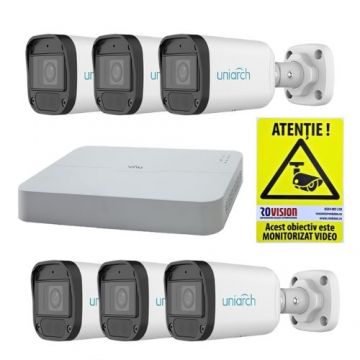 Kit supraveghere IP simplu 6 camere Uniarch 4MP IR 30m Lentila 2.8mm PoE Microfon IP67, NVR UNV 8 Canale PoE  4K 8MP + CADOU Autocolant Rovision