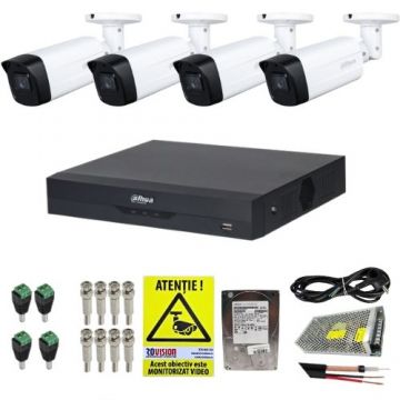 Sistem supraveghere complet Dahua 4 camere 2MP IR 80m lentila 3.6mm, DVR 4 canale 5MP WizSense, accesorii, HDD 500GB + Cadou Autocolant Rovision