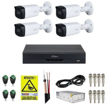 Kit Supraveghere 4 Camere Dahua 5MP IR 80m Starlight Lentila 3.6mm, DVR 4 Canale 4K 8MP WizSense, Accesorii + Autocolant Rovision
