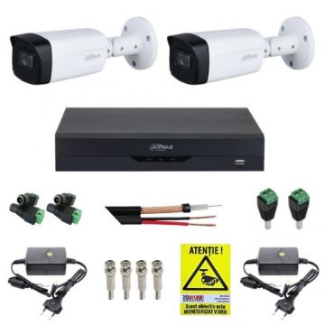 Kit supraveghere Dahua 2 camere 8MP 4K IR 40m Lentila 2.8mm, DVR 4 canale 4K 8MP, accesorii + Autocolant Rovision