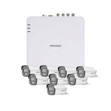 Sistem supraveghere exterior Hikvision AcuSense TurboHD ColorVu KIT-HK-8EXT5MP40LA, 8 camere, 5 MP, lumina alba 40 m, 2.8 mm