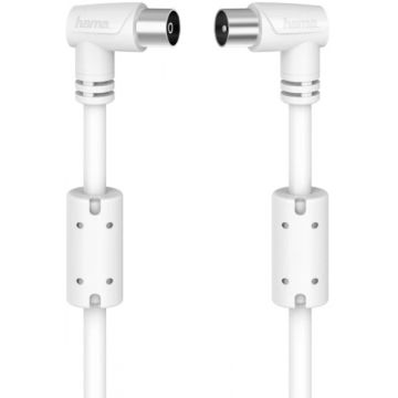 Cablu video Hama Coaxial Male - Coaxial Female, 10 m, Conector 90 grade, Alb