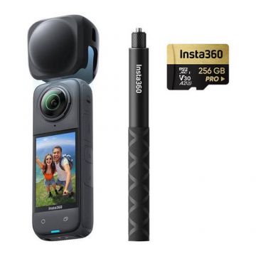 Camera video sport Insta360 X4 Explorer Combo, 8K, 72 MP/18 MP, 360°, Wi-Fi, Bluetooth, Giroscop 6 axe, 4 Microfoane, Active HDR, Timelapse (Negru)