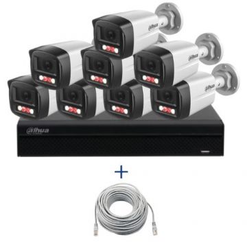 Kit supraveghere IP Dahua 8 camere 4MP Microfon PoE lentila 2.8mm IR 40m Lumina alba 30m, NVR 8 canale PoE 12MP si cablu UTP CAT5 20m