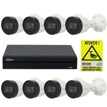 Kit supraveghere IP Dahua pentru exterior 8 camere 2MP PoE Infrarosu 30m IP67 Lentila 2.8mm, NVR 8 canale PoE 12MP SMD Plus + Autocolant ROVISION