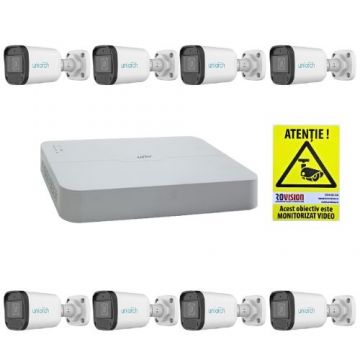 Kit supraveghere IP simplu 8 camere Uniarch 4MP IR 30m Lentila 2.8mm PoE Microfon IP67, NVR UNV 8 Canale PoE  4K 8MP + CADOU Autocolant Rovision