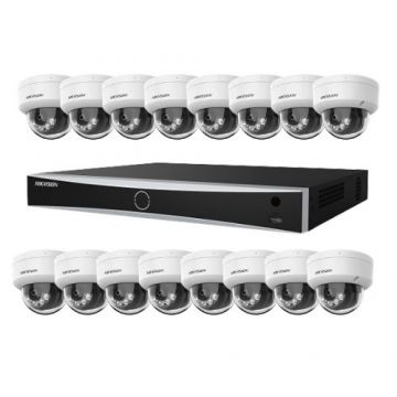Kit supraveghere profesional IP Hikvision 16 camere 4K IR 30m lumina alba 30m lentila 2.8mm microfon, NVR 16 canale PoE 12MP  160Mbs / 256Mbs