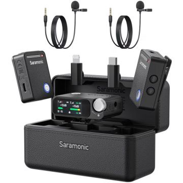 Microfon wireless Saramonic Ultra 03, 1x Receiver, 2x Microfon, Lavaliere, Autonomie microfon 6 ore, Raza de actiune 250-300m, Noise canceling, Negru