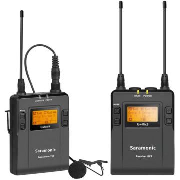 Microfon wireless Saramonic UwMic9 Kit1, 1x transmitator pentru TX9, 1X microfon lavalier, 1x receptor cu 2 canale RX9, Raza de actiune 100m, Negru