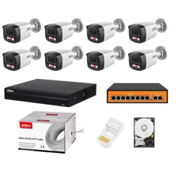 Sistem supraveghere complet Dahua 8 camere IP 4MP Dual Light 30m Microfon NVR 8 canale HDD si accesorii instalare incluse
