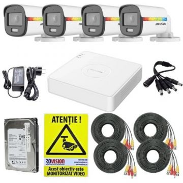 Sistem supraveghere Hikvision, 4 camere ColorVu 2MP Lumina Alba 20m Audio, DVR 4 canale 2MP Audio, Accesorii, HDD 500GB, Autocolant Rovision