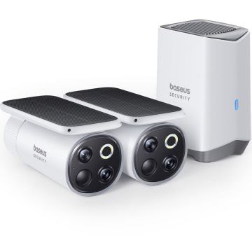 BASEUS Kit supraveghere video Baseus Security S1 Pro, Wireless, 3K, IP67, Panou Solar integrat, HomeStation H1 + 2 camere video (Alb)