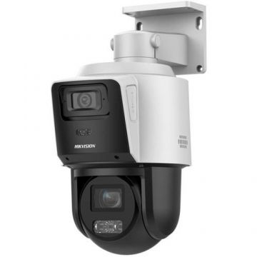 Camera supraveghere rotativa IP Speed Dome PTZ Hikvision TandemVu DS-2SE3C404MWG-E/14, 4MP + 4 MP, 2.8 mm / 2.8 - 12 mm, IR/lumina alba 30 m, IR PTZ 40 m, zoom optic 4x, slot card, suporta detectie om/vehicul, PoE+, vizualizare de pe telefon