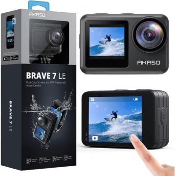 Camera video de actiune AKASO Brave 7 LE, 4K 30 FPS, 20 MP, Ecran LCD 2inch/1.4inch, Giroscop 6 axe, IPX7 40m (Negru)