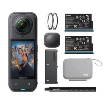 Camera Video de Actiune Insta360 X5 Essenials Bundle, Filmare 360, 8K, Foto 72 MP/18 MP, Wi-Fi, USB, Giroscop 6 axe, Bluetooth, Waterproof 15m (Negru)