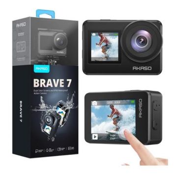 Camera video de actiune WiFi UltraHD AKASO® BRAVE 7, 4K/30FPS/20MP, EIS2.0/Giroscop, IPX8 Waterproof, Instant Mod, 8X Slow Motion, Telecomanda, Doua Baterii, One Click Foto, Control Vocal/App, Kit Accesorii (Negru)