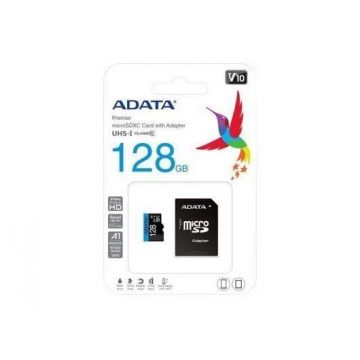 Card microSD ADATA 128GB, Class 10, 100MB/s citire, 25MB/s scriere, adaptor SD inclus, AUSDX128GUICL10A1-RA1, ideal pentru video Full HD