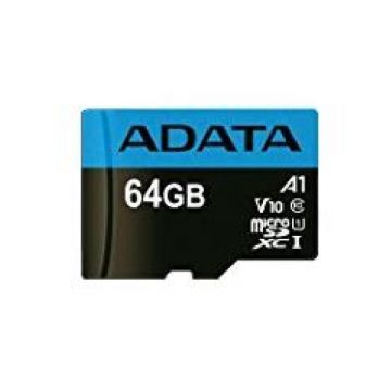 Card microSD ADATA Premier 64GB, microSDXC, UHS-I Class 10, pana la 50MB/s, adaptor SD inclus, rezistent la socuri si raze X, ideal multimedia