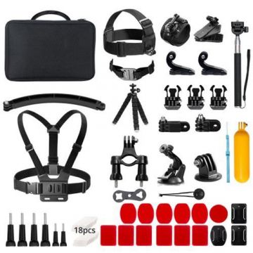 Kit accesorii AKASO SYAC0048-BK, 60-in-1, suporti, curele, monturi, gripuri, trepied si carcasa de transport (Negru)
