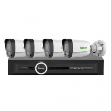 Kit supraveghere IP exterior Tiandy Color Maker, 4x camere FULL HD, Iluminare LED alb 15m, Audio, NVR 5 canale