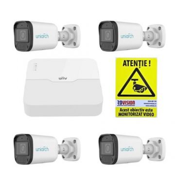 Kit supraveghere IP simplu 4 camere Uniarch 4MP IR 30m Lentila 2.8mm PoE Microfon IP67, NVR 4 Canale PoE  4K 8MP + CADOU Autocolant Rovision