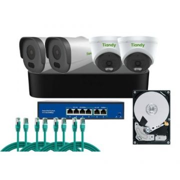 Sistem de supraveghere complet Tiandy, 2MP, IR 50m, Microfon, PoE, NVR 5 canale
